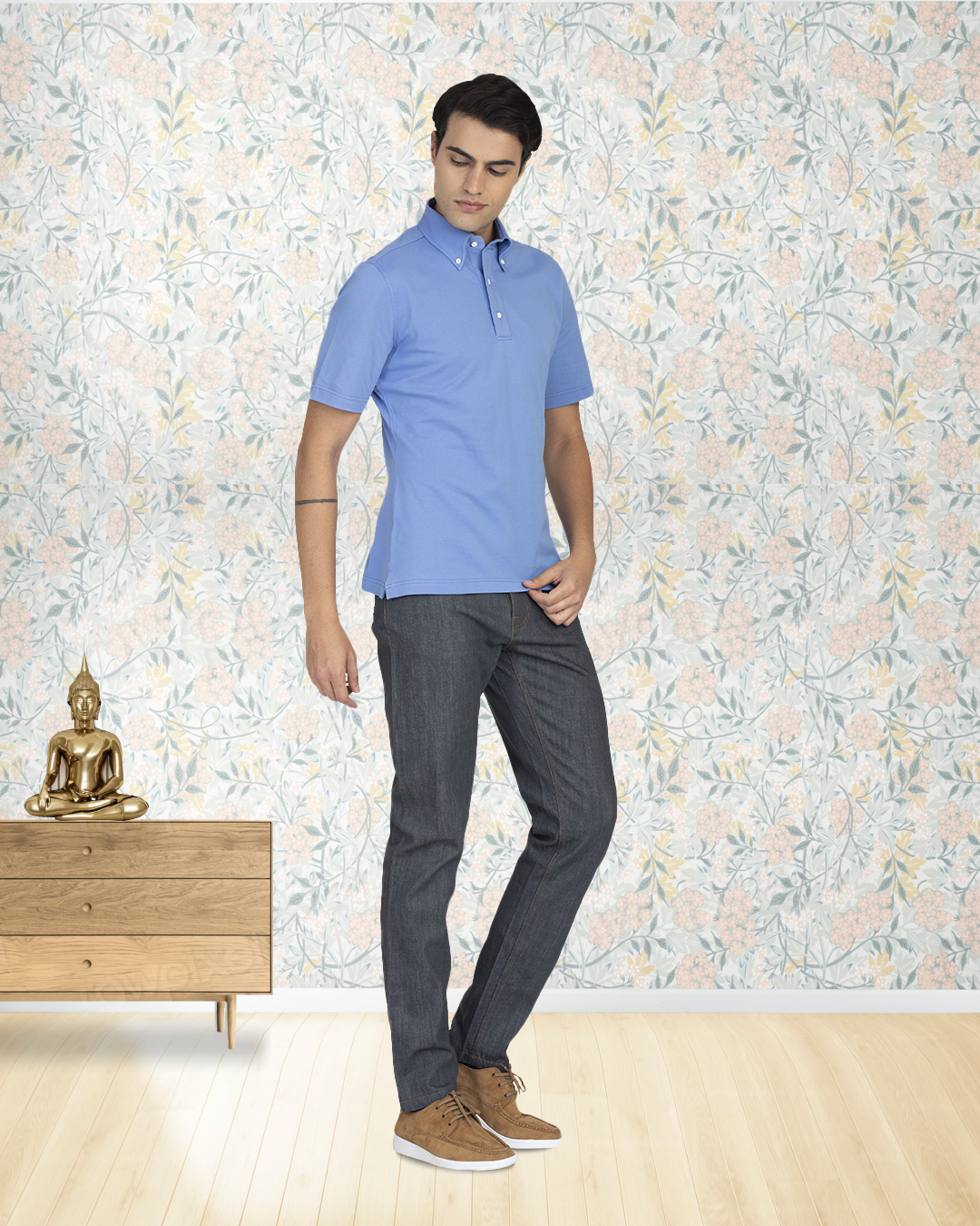Model wearing custom jeans for men by Luxire in grey 3