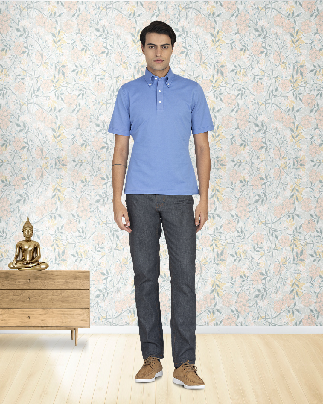 Model wearing custom jeans for men by Luxire in grey 2