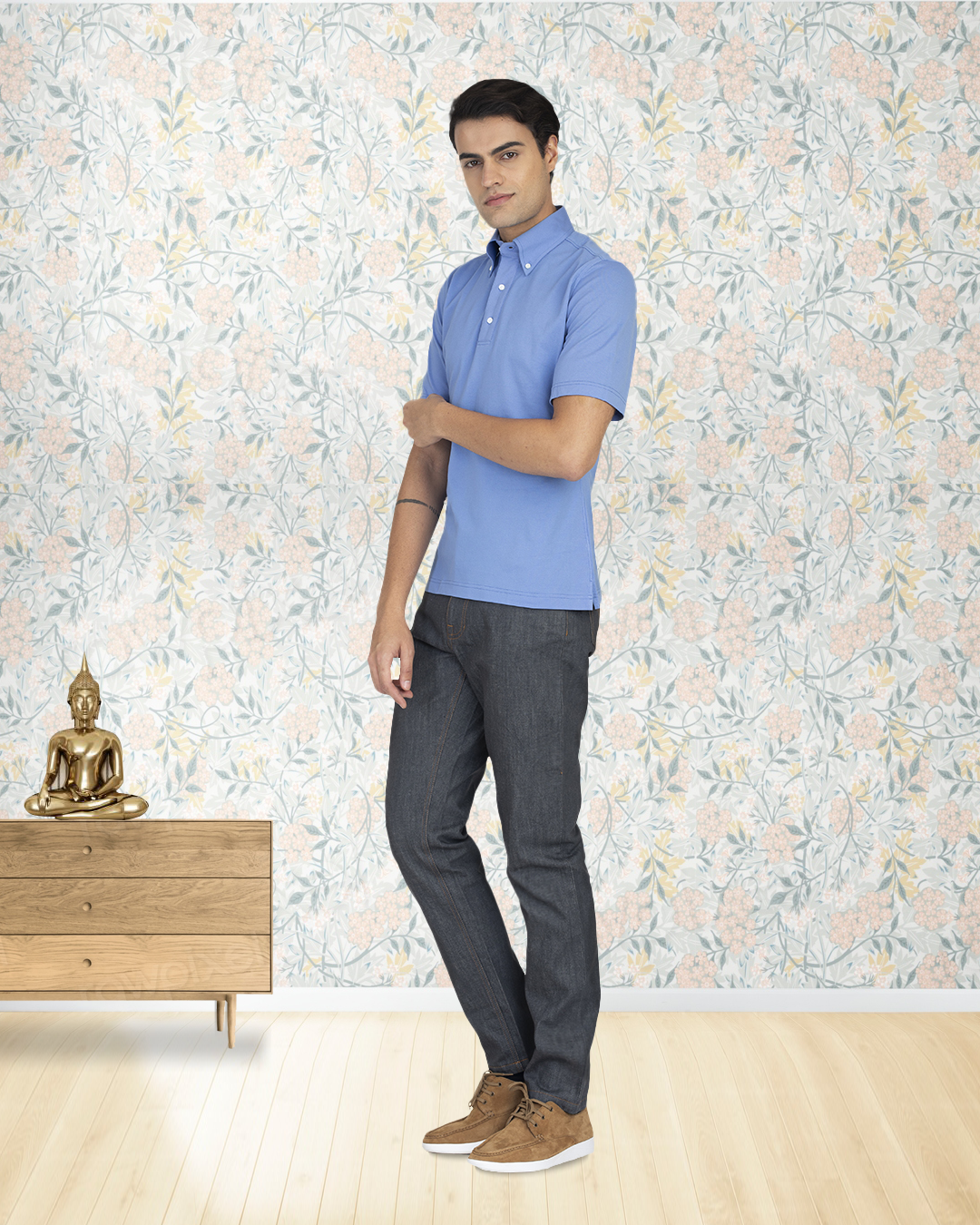 Model wearing custom jeans for men by Luxire in grey 4