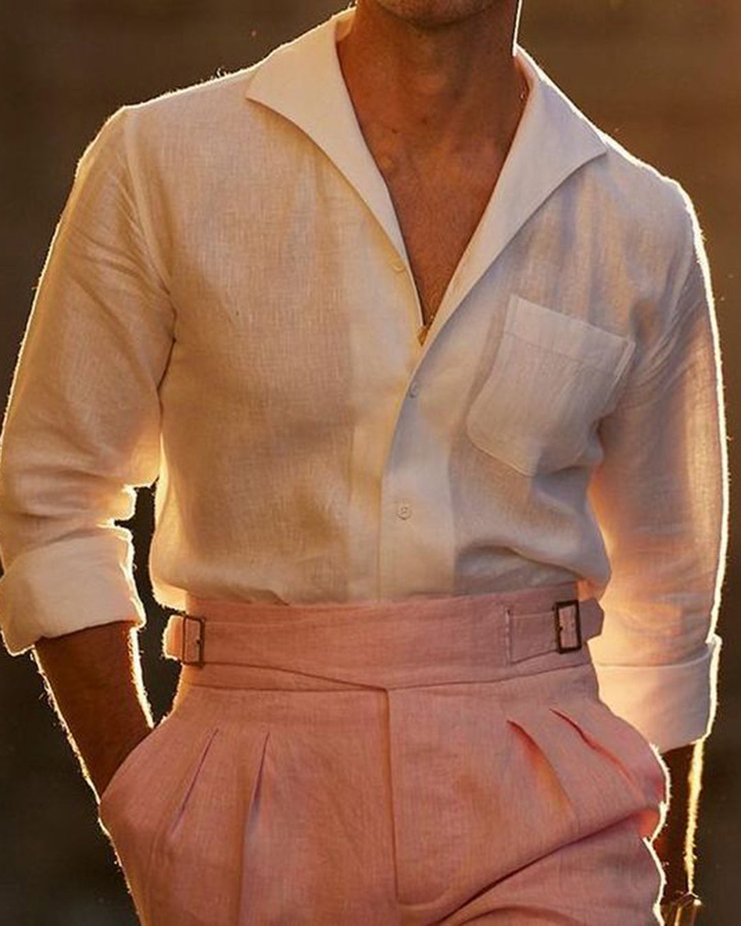 Men's Summer White Linen Shirt, One Piece Collar Placket