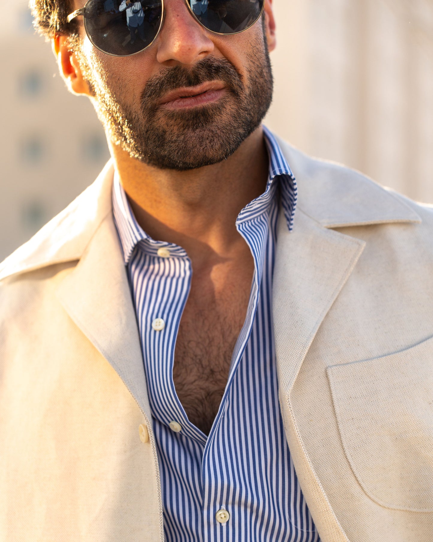 Blue Pencil Stripes on White Shirt