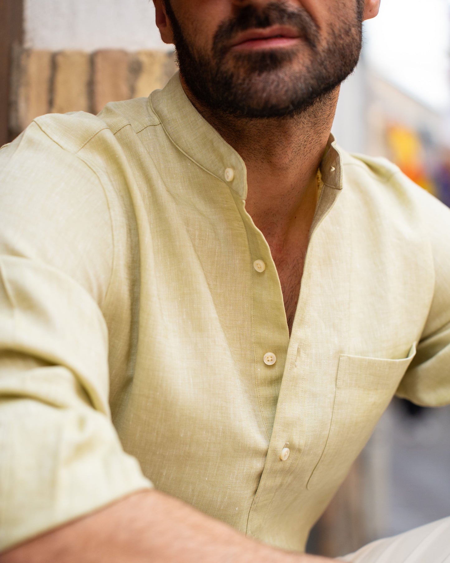 Light Olive Green Slub Linen Summer Shirt