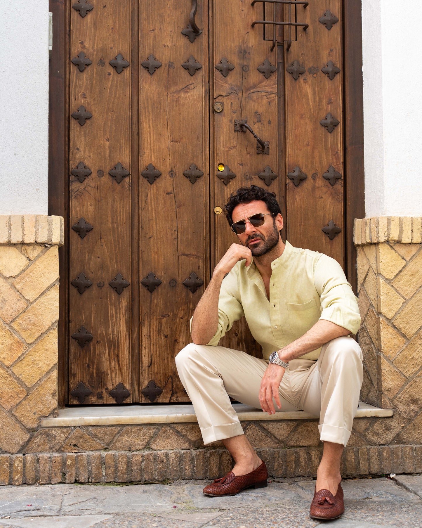 Light Olive Green Slub Linen Summer Shirt