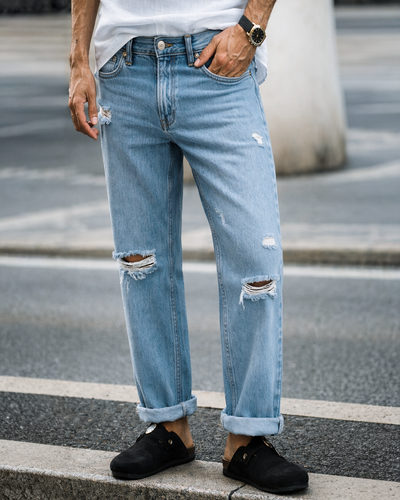 Fade Washed Light Blue Distressed Jeans