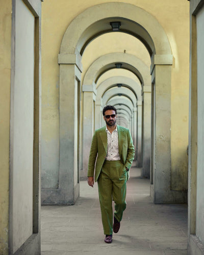 Pleated Fern Green Linen Dress Pant
