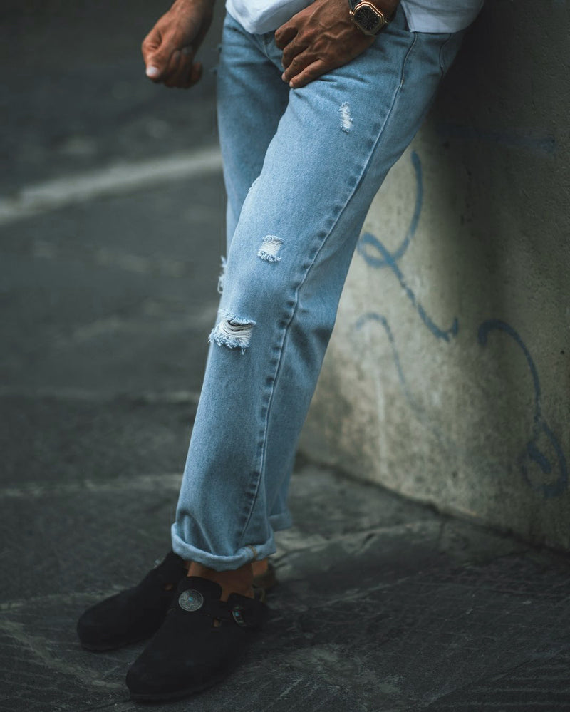 Fade Washed Light Blue Distressed Jeans