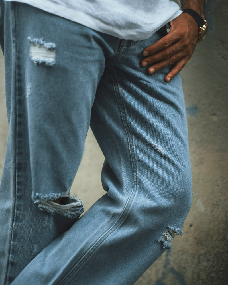 Fade Washed Light Blue Distressed Jeans