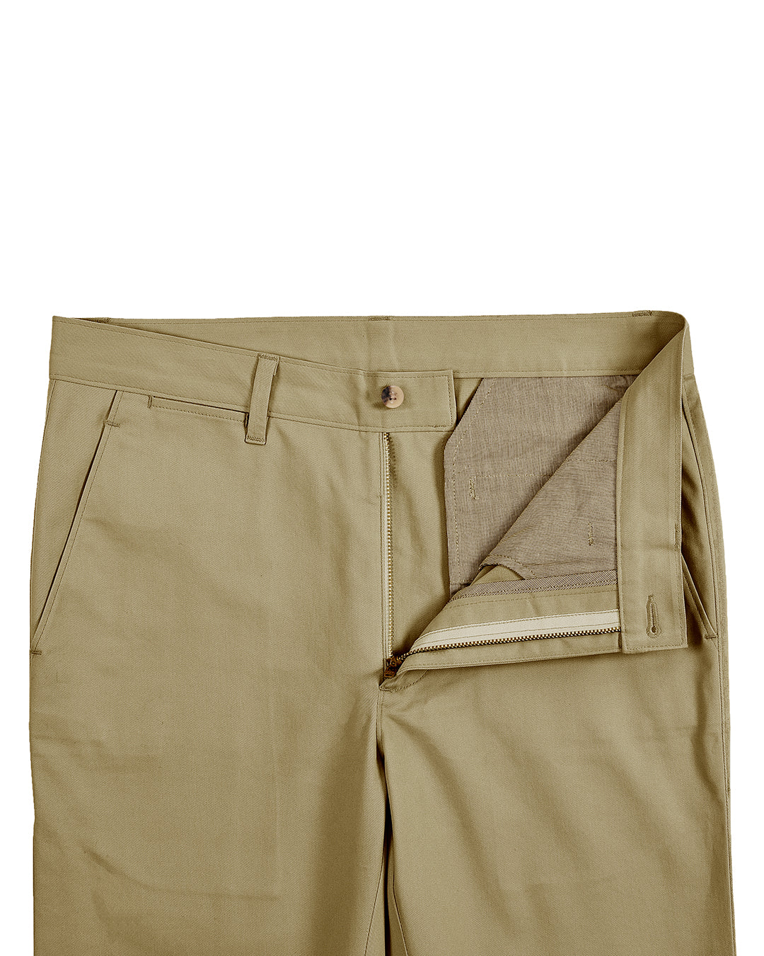 Front open profile view of custom Genoa Chino pants for men by Luxire in khaki