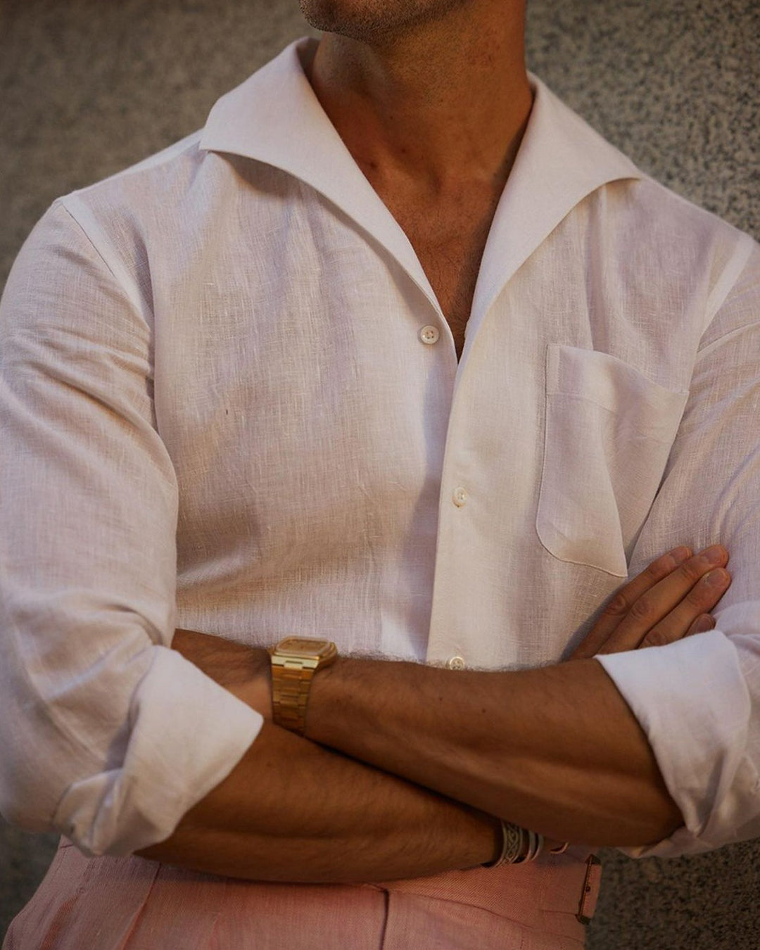 Summer Shirt in Crisp White Linen with one piece collar placket