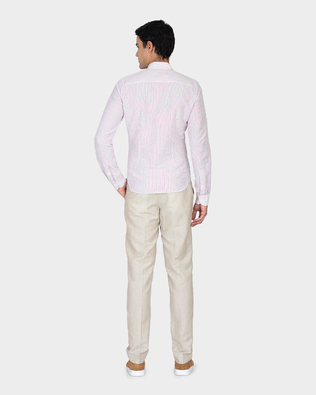 Cotton Linen: Red Blue Alternate stripes On White Shirt