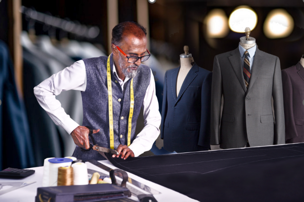 Master tailor studying garment details